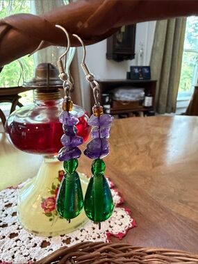 Green and Purple Glass Teardrop Dangle Earrings with Silver Hooks